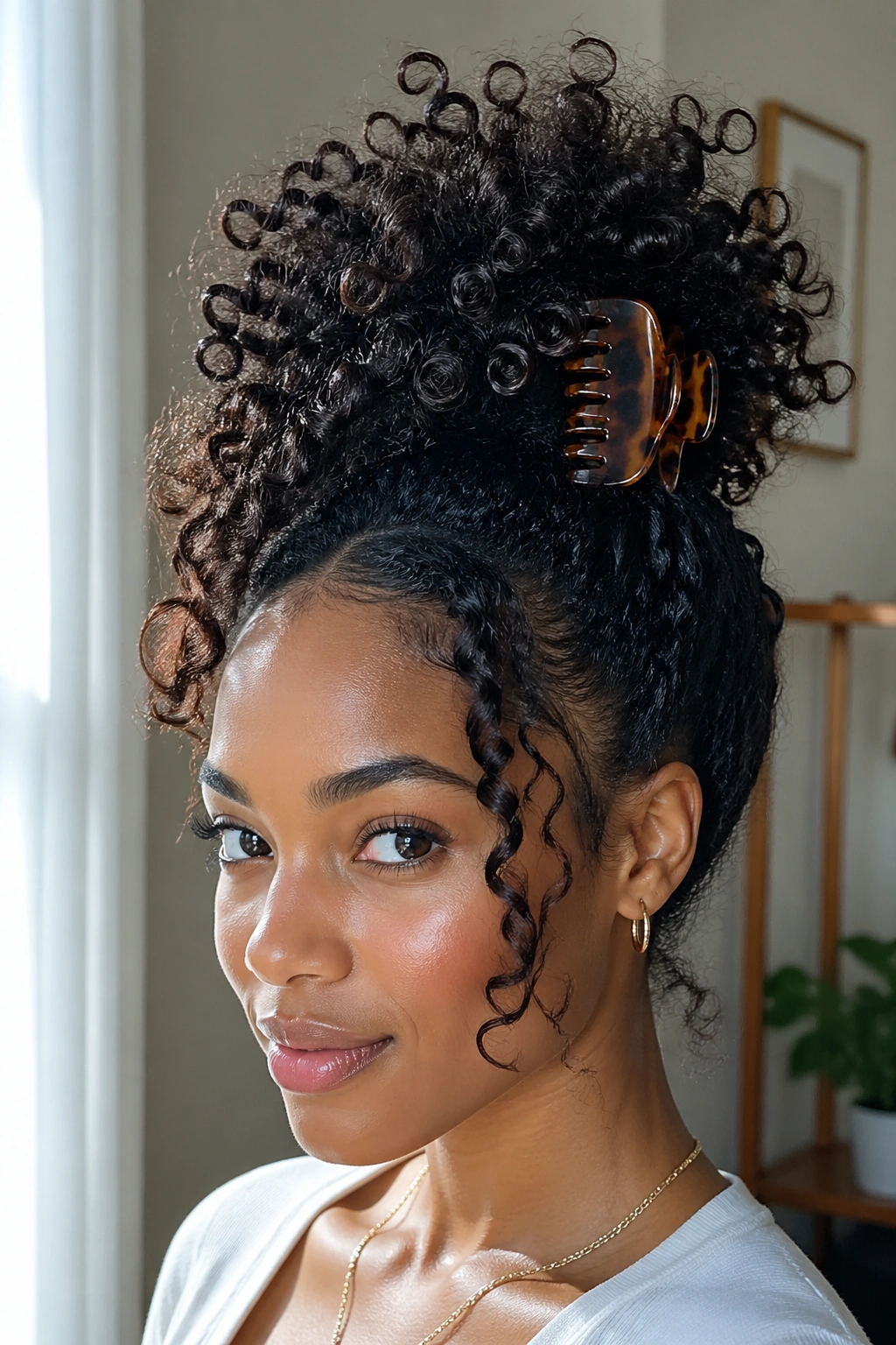 Close-up of a real woman with a pineapple-style updo secured by a claw clip
