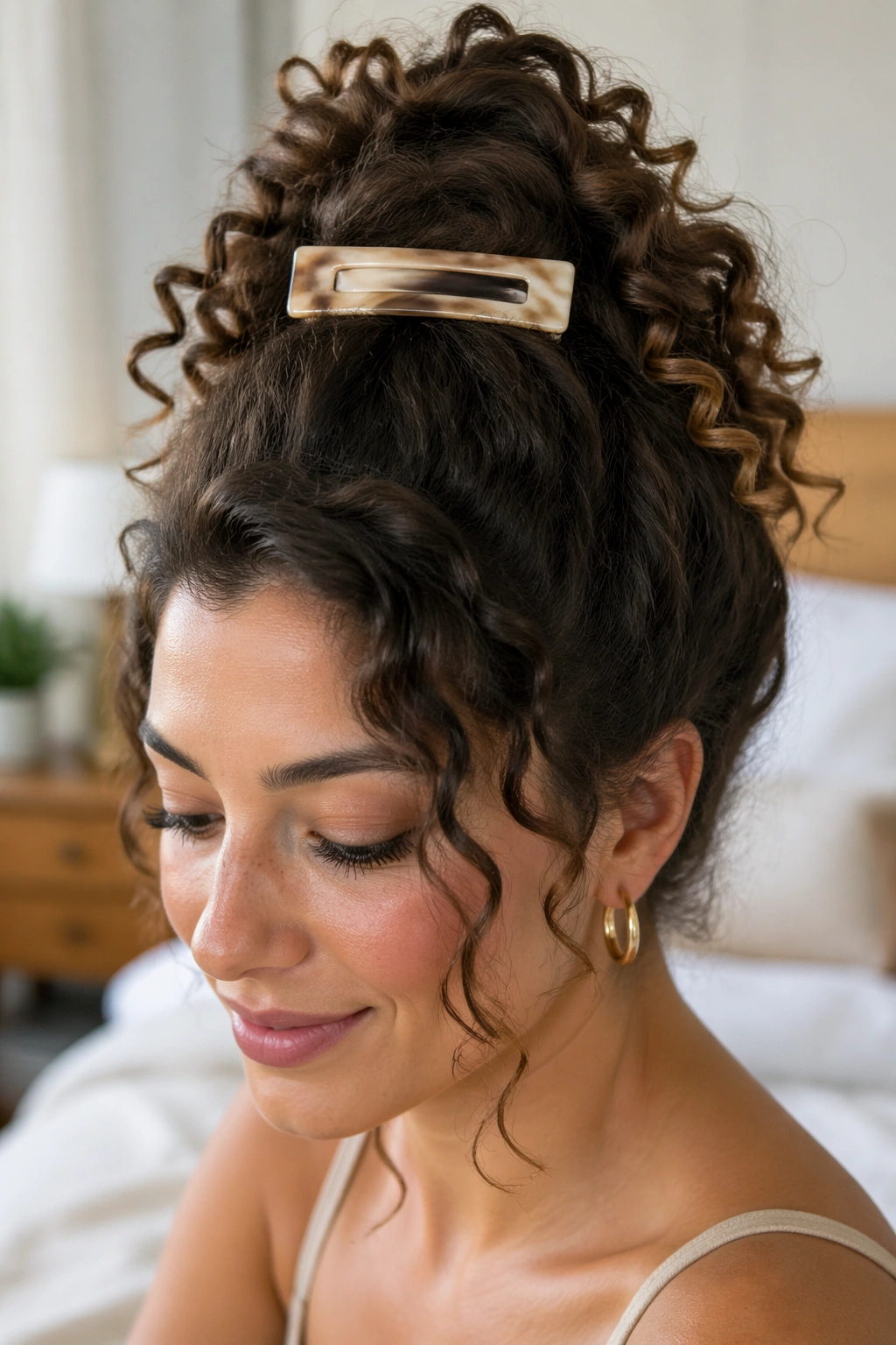 Close-up of a curly hairstyle with a crown pineapple and a flat barrette