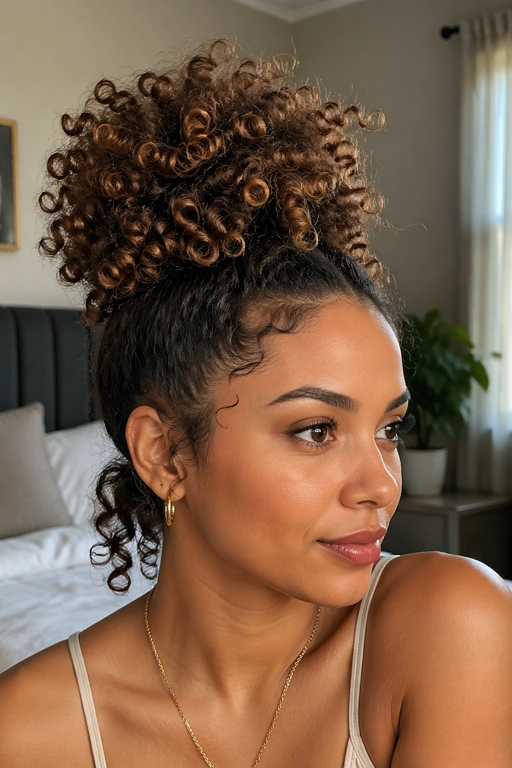 Close-up of a real woman with a pineapple crown of curls forming a soft faux ponytail