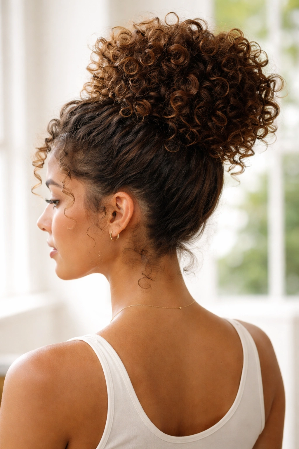 Close-up of pineapple bun for curls with airy, lifted crown