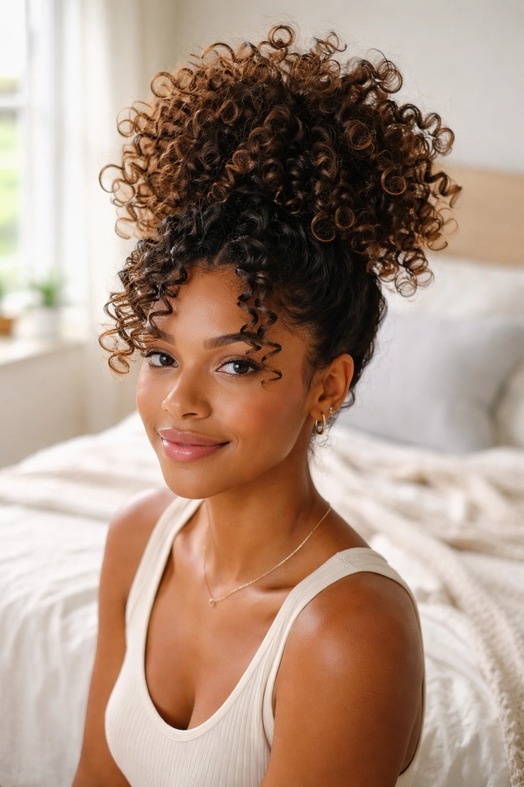 Close-up of a real woman with pineapple curls stacked on top for volume