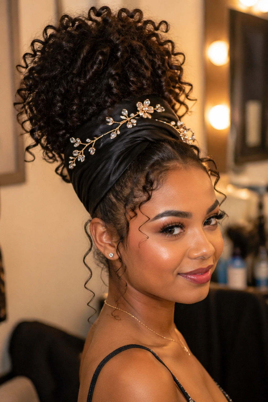 Close-up of a person with a high pineapple hairstyle adorned with pins.