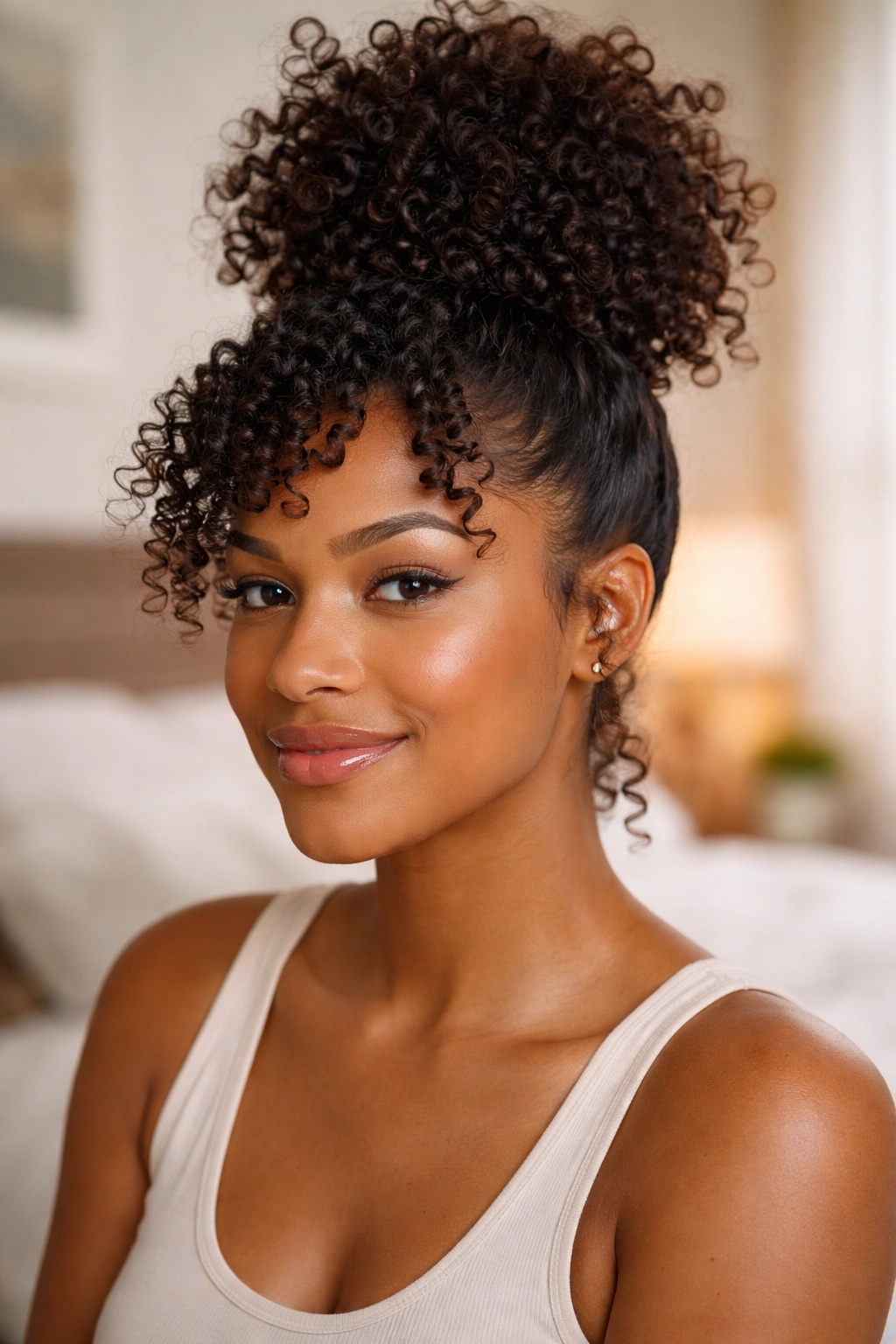 Close-up of a real person with pineapple updo and refreshed finger curls