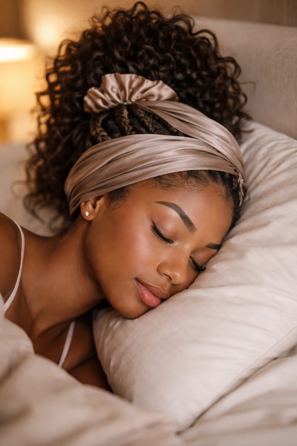 Close-up of a real person with pineapple loose hair secured by silk scrunchie and satin scarf for sleep