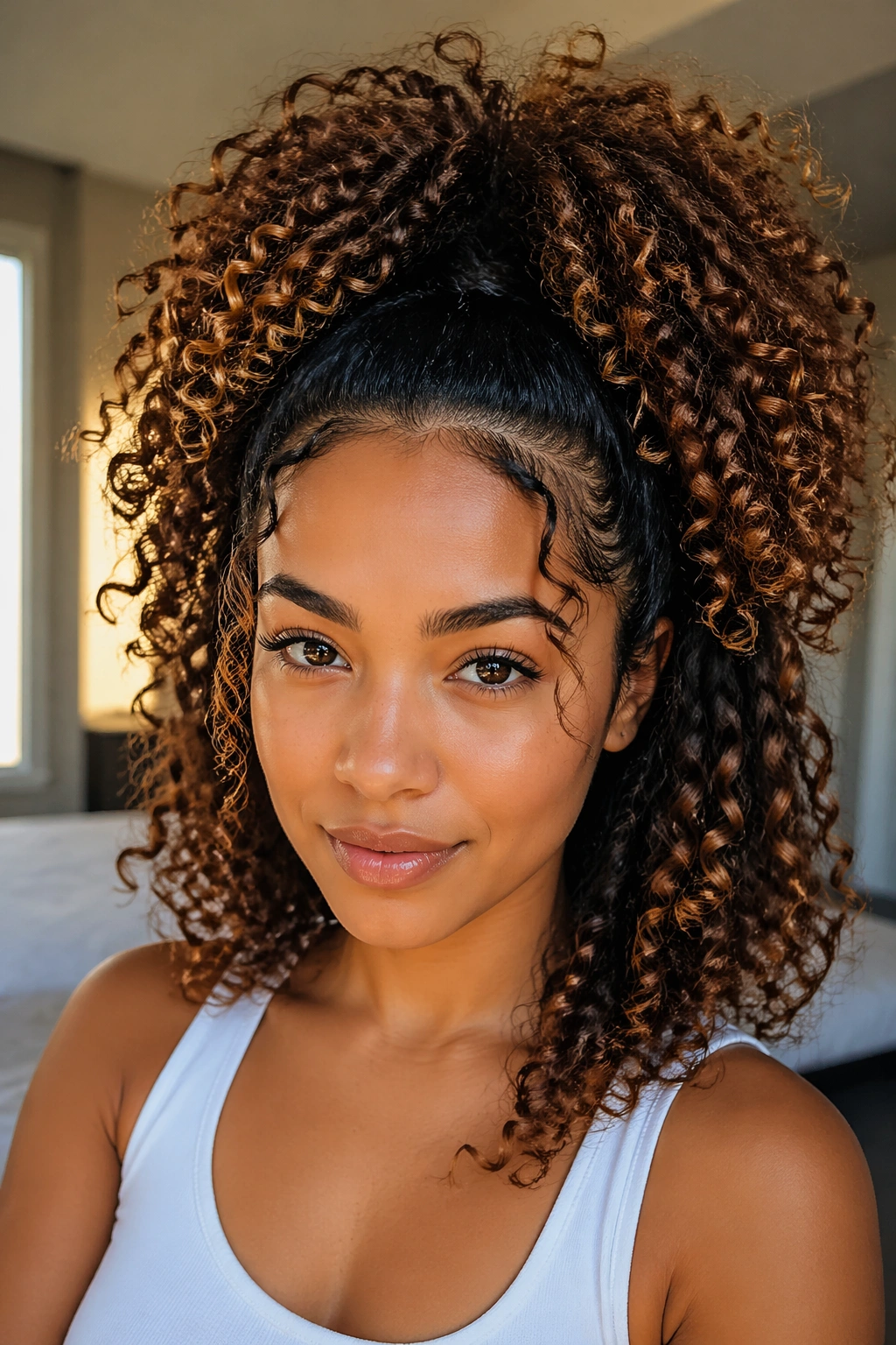 Close-up of The Pineapple Half Ponytail on a real woman, voluminous crown curls.