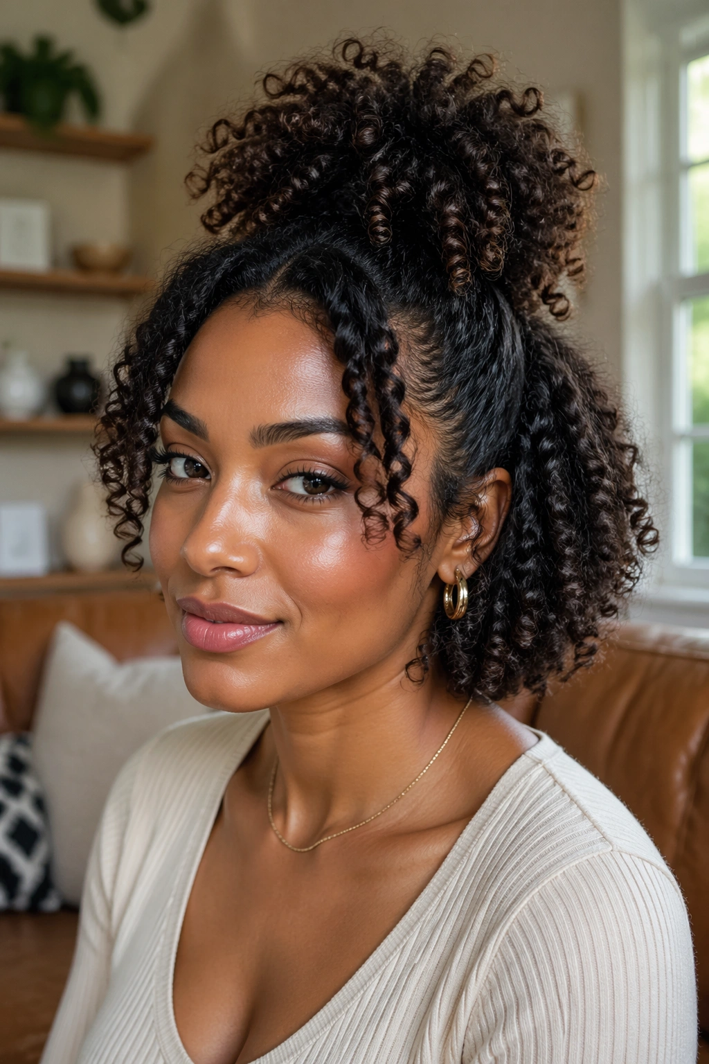 Close-up of a real woman wearing Pineapple Half Up Bob for Natural Hair with lifted top curls