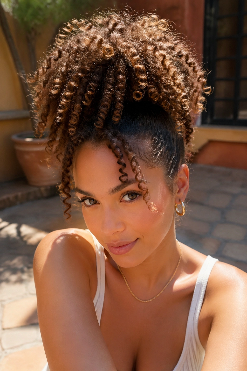 Close-up of a real person wearing a daytime pineapple hairstyle
