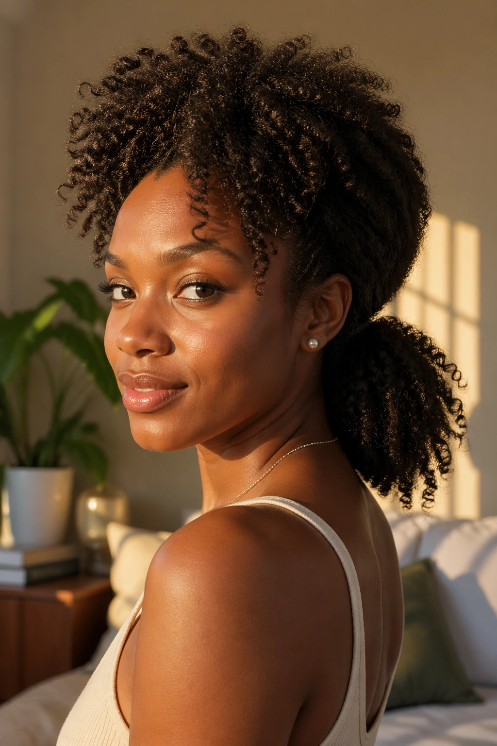 Close-up of a real woman with a pineapple-inspired low ponytail at the crown and low nape