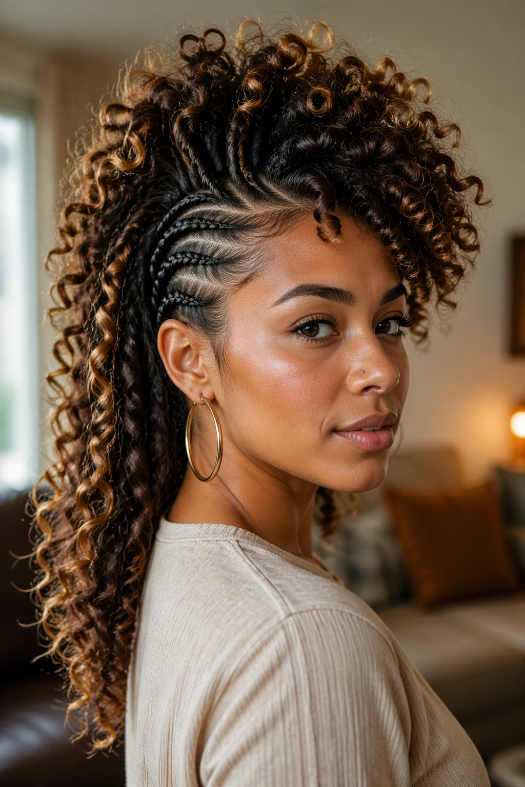 Portrait of person with pineapple-length mohawk featuring lifted top curls and tucked sides