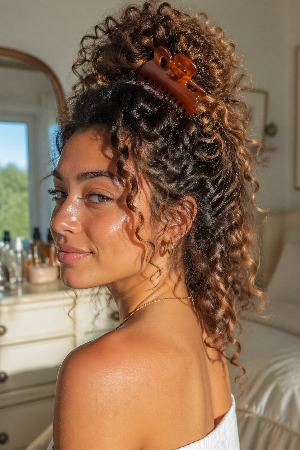 Medium close-up of pineapple lift with butterfly clip on curly hair