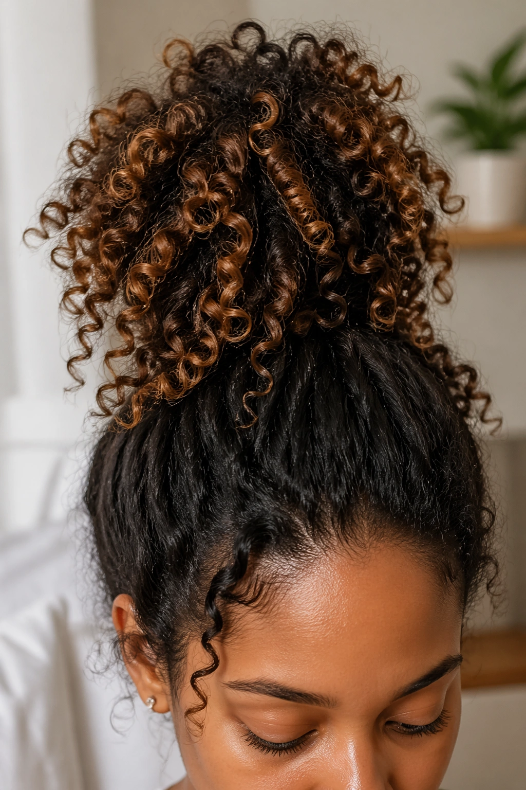 Close-up of a real woman with a pineapple top on long curls in natural light