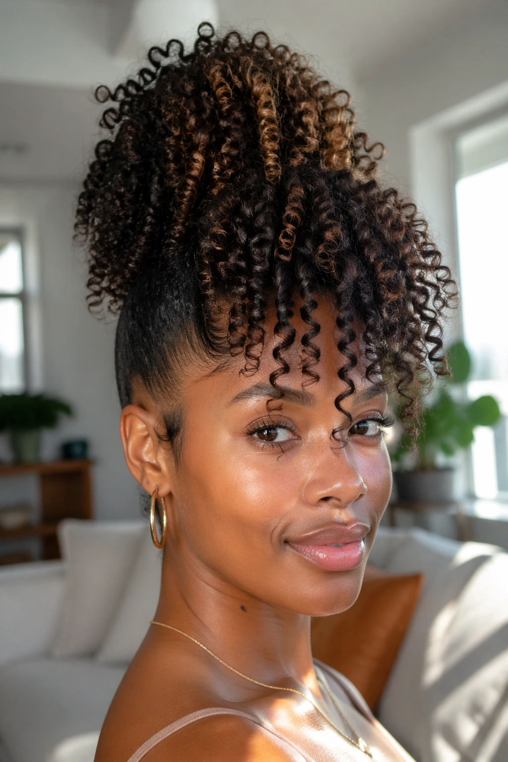 Close-up of a real woman with a pineapple pony and forward-curled curls