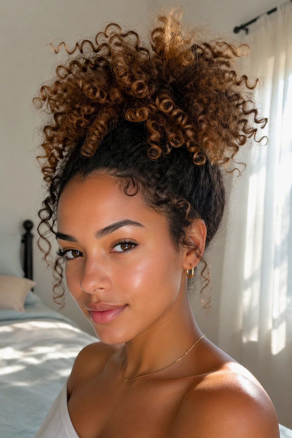 Portrait of a real woman with a high pineapple ponytail and curls fanning upward