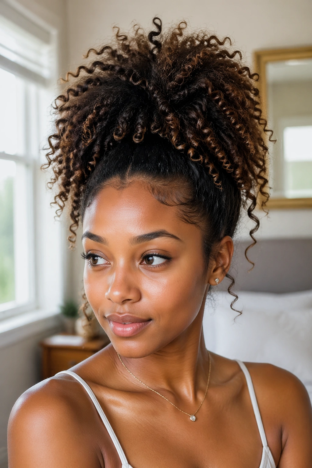 Close-up of a real woman with a high pineapple ponytail in soft window light