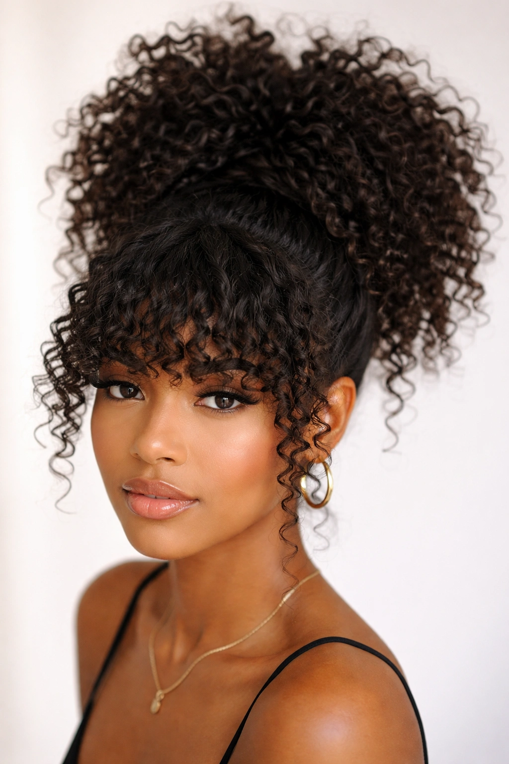 Voluminous pineapple ponytail with dense bangs in a studio setting