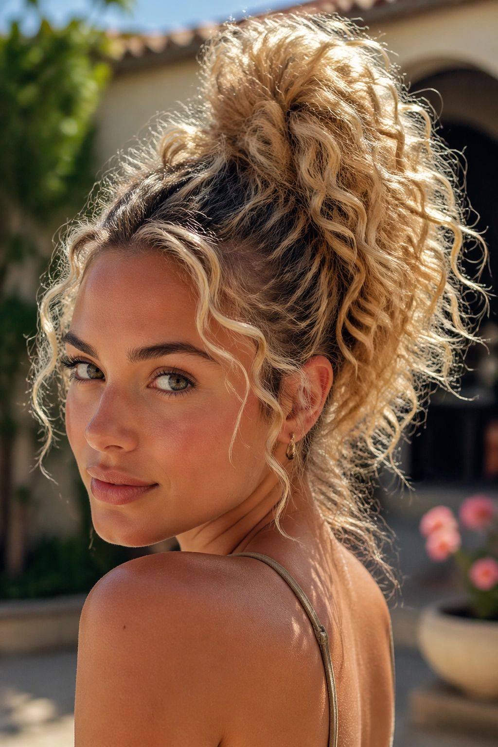 Close-up of a real woman with a high pineapple-inspired blonde ponytail