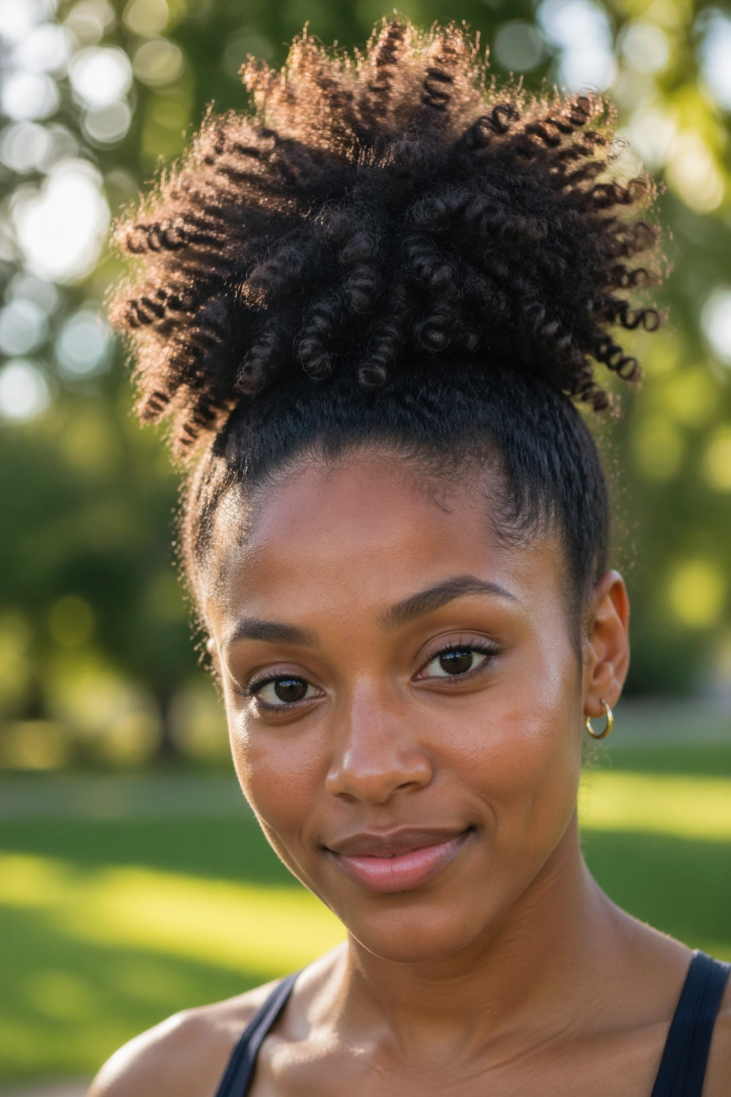 Close-up of a real woman with a high pineapple ponytail for coily hair