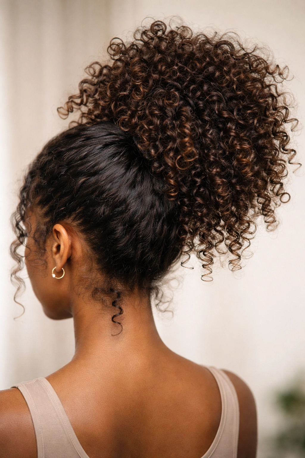 Pineapple ponytail extension styled into a loose mound on top.