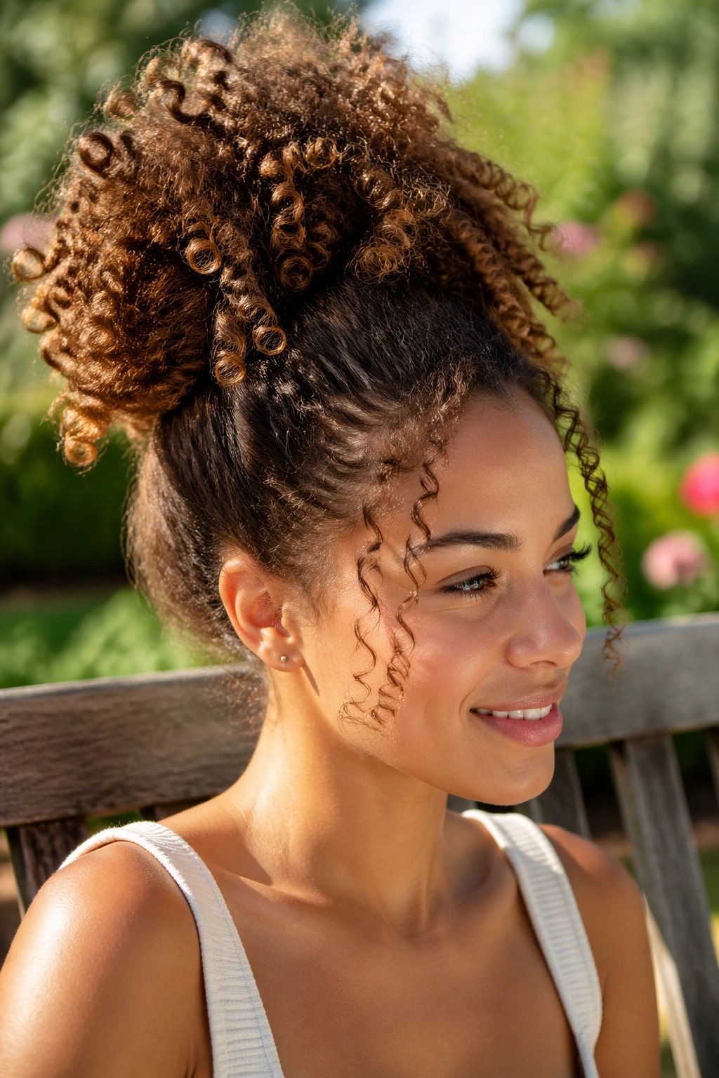 Close-up of a real woman with a pineapple ponytail in bright outdoor light.