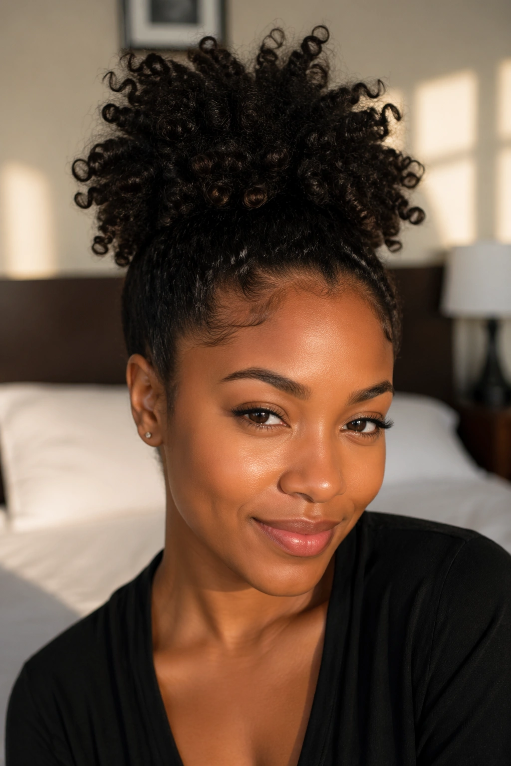 Close-up of a real woman with a high pineapple ponytail and upward curls