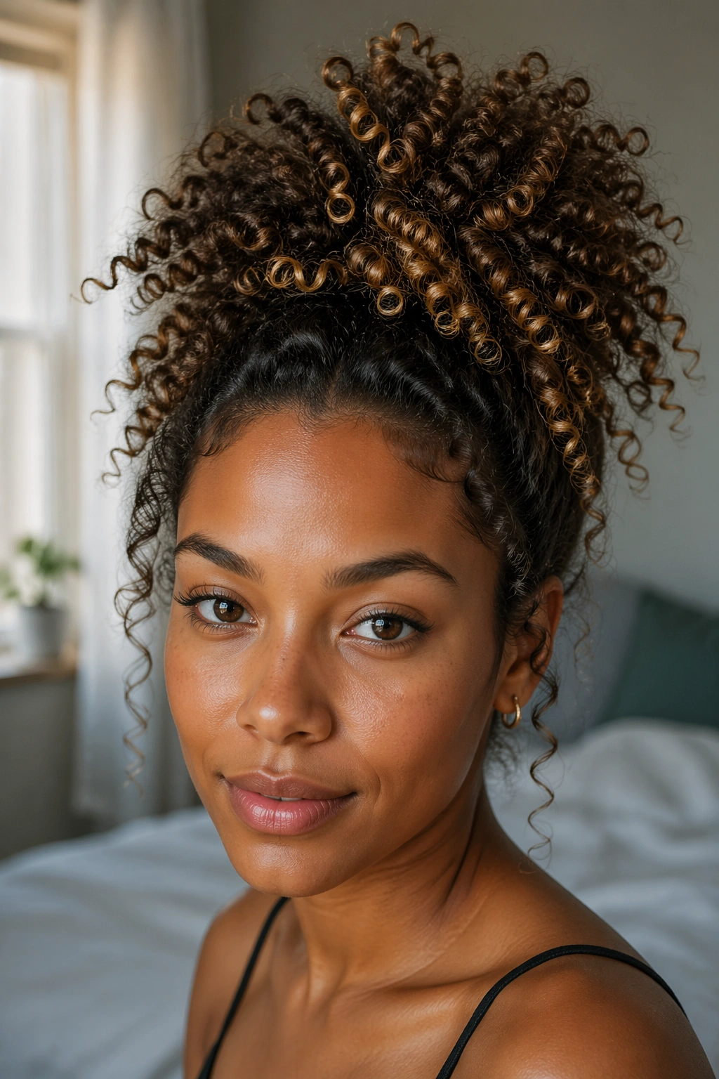 Close-up of a real woman wearing a high pineapple ponytail