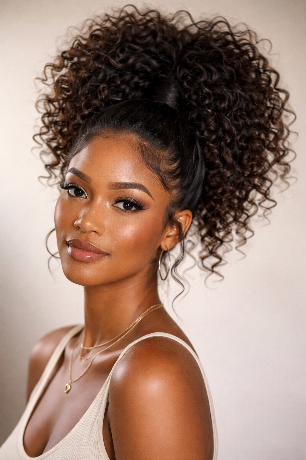 Close-up of a pineapple ponytail hairstyle with a high crown of curls on curly weave