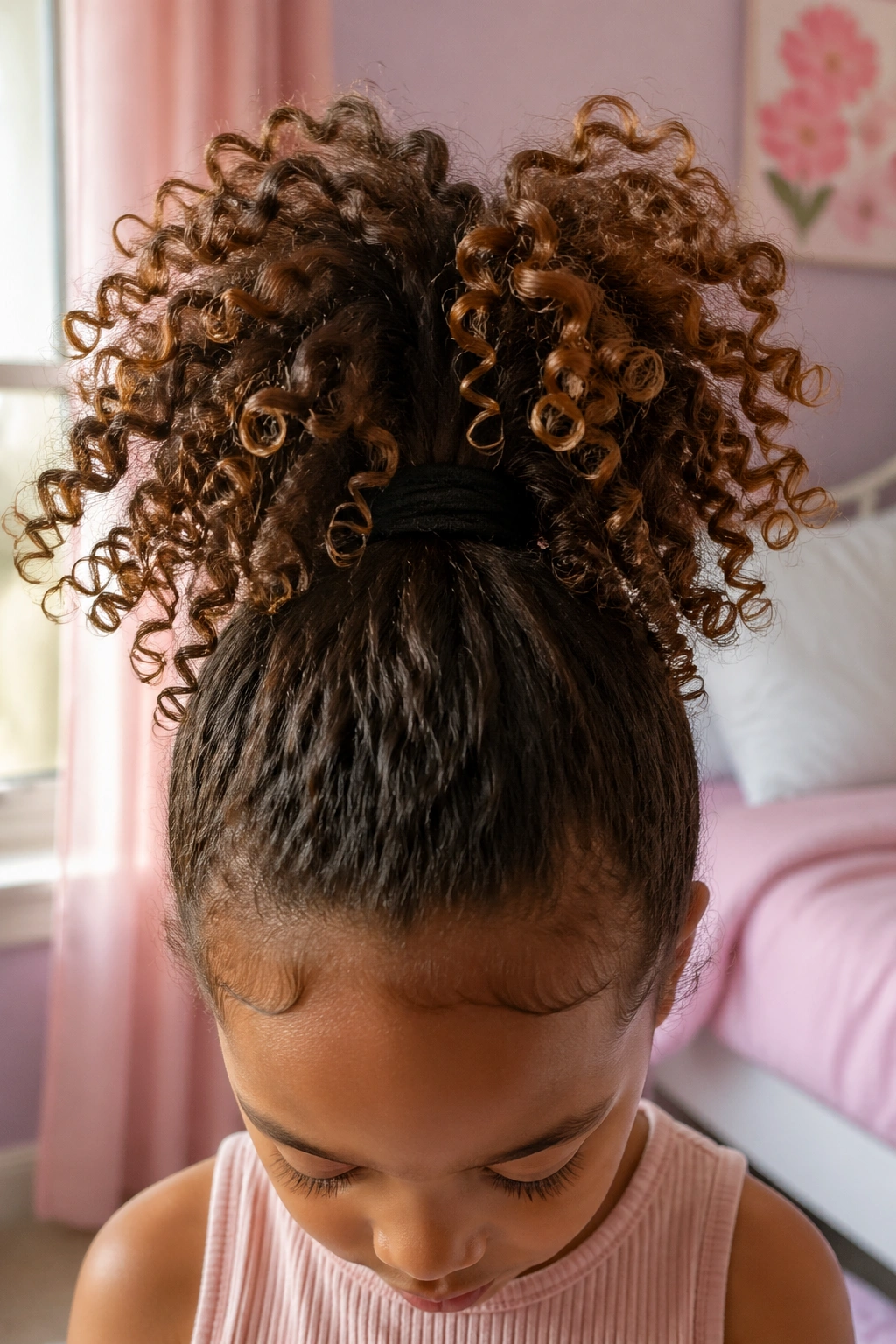Close-up of a pineapple ponytail on a child's head