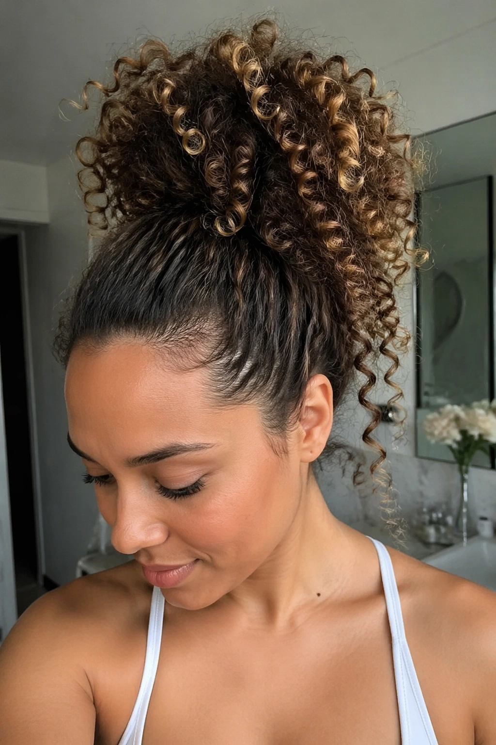 Close-up of a real woman with a high pineapple ponytail on top of the head.