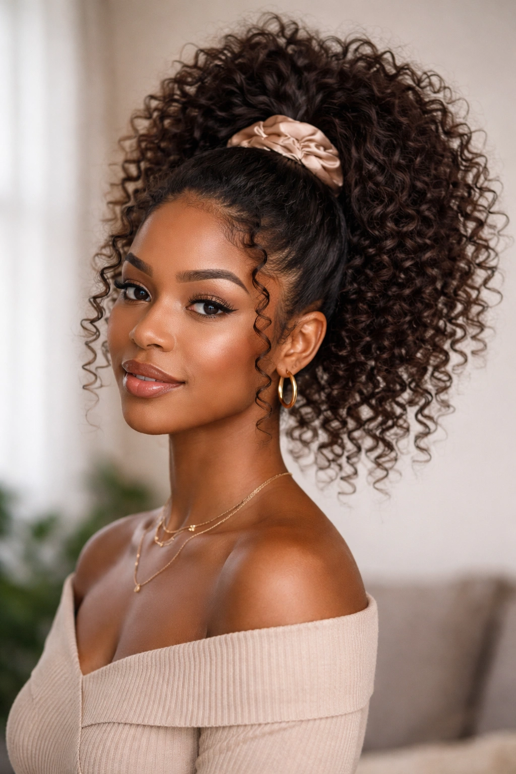 Pineapple ponytail for defined curls with high lift and face-framing curls