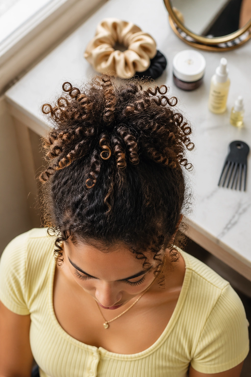 Overhead flat-lay of pineapple ponytail styling