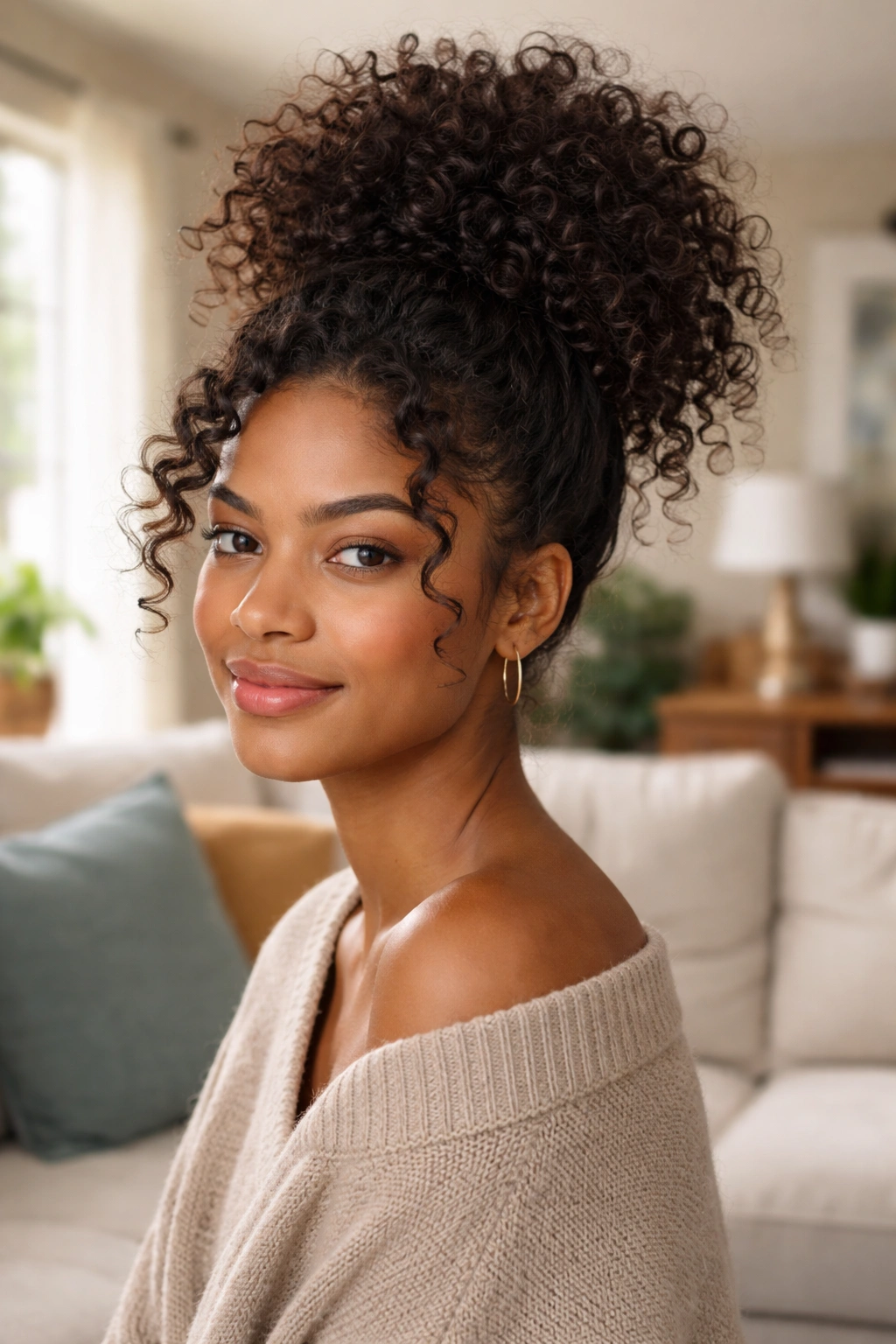 Close-up of a real woman wearing a high pineapple ponytail with front curls left out