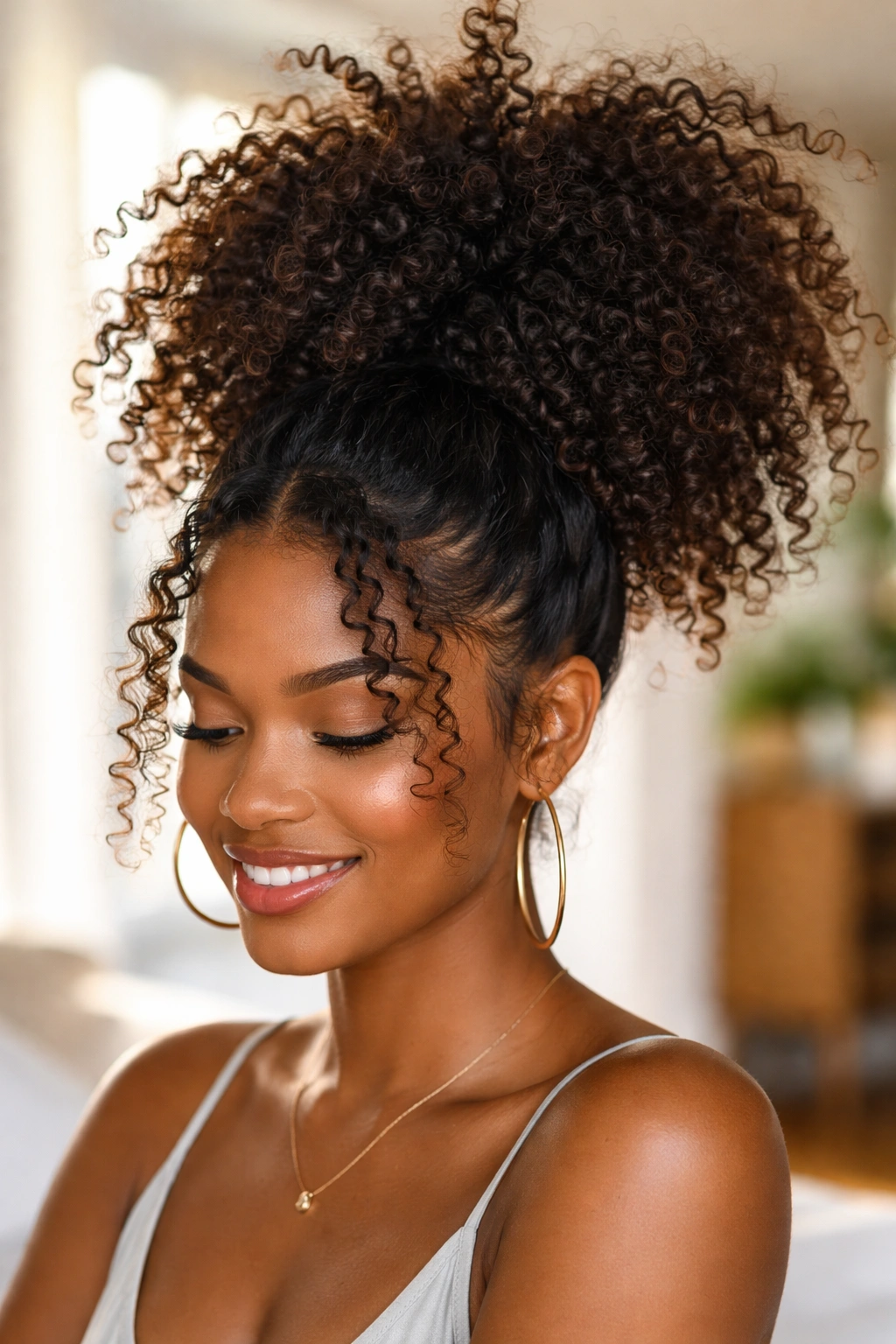 Close-up of a real woman with a pineapple ponytail, hair fanned forward over the face