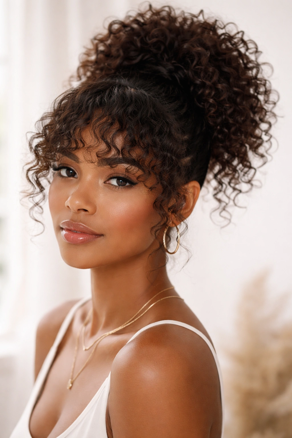 Pineapple ponytail with halo bangs framing curly hair