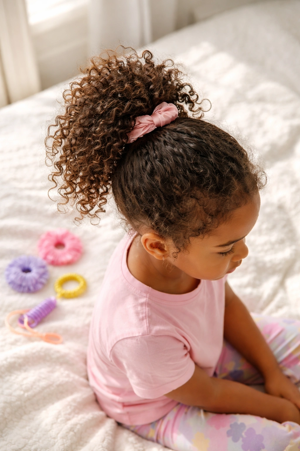 Overhead view of pineapple ponytail on child.