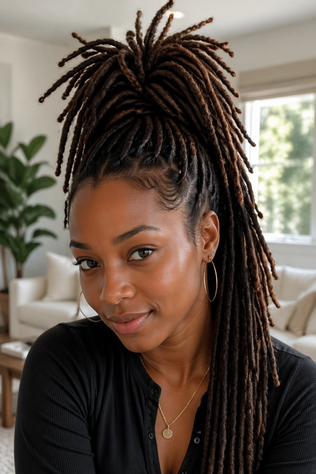 Real woman with pineapple ponytail high on crown, locs fanning loosely