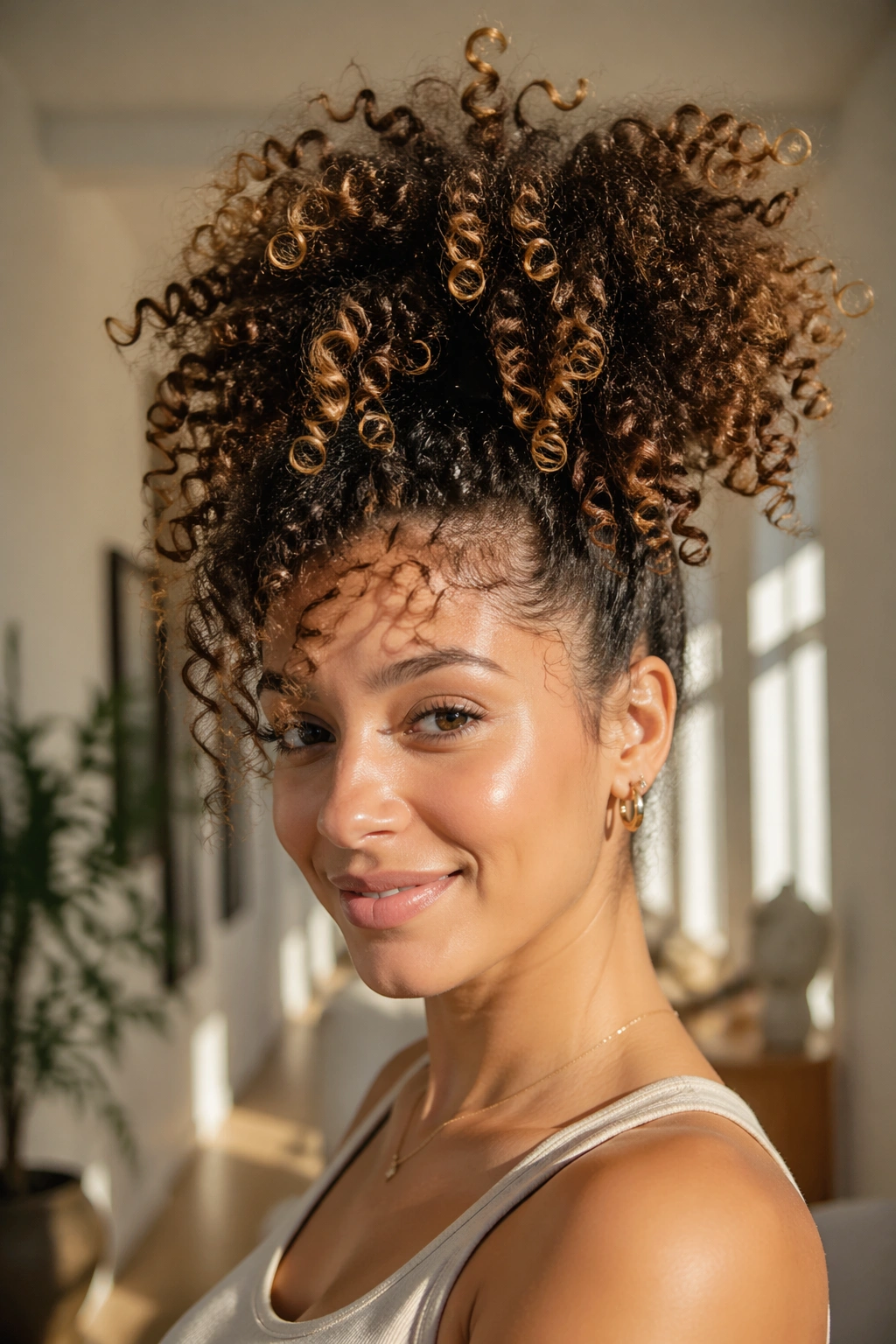 Close-up of a real woman with a high pineapple ponytail
