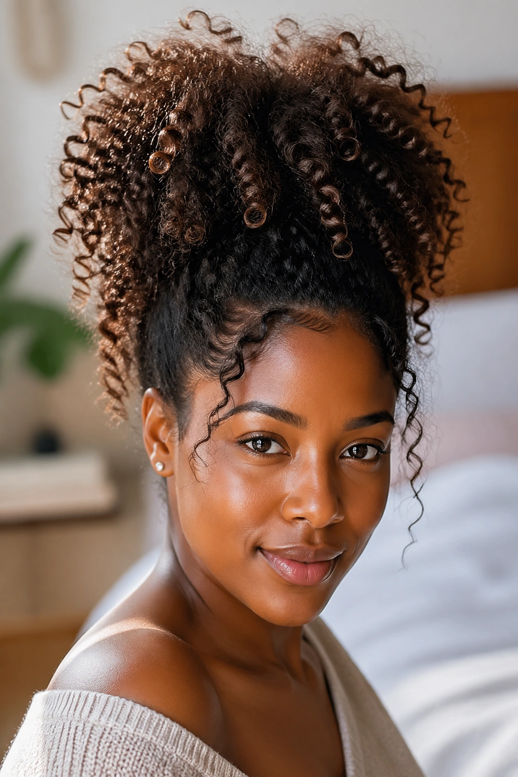 Real woman with a pineapple ponytail rounded shape.