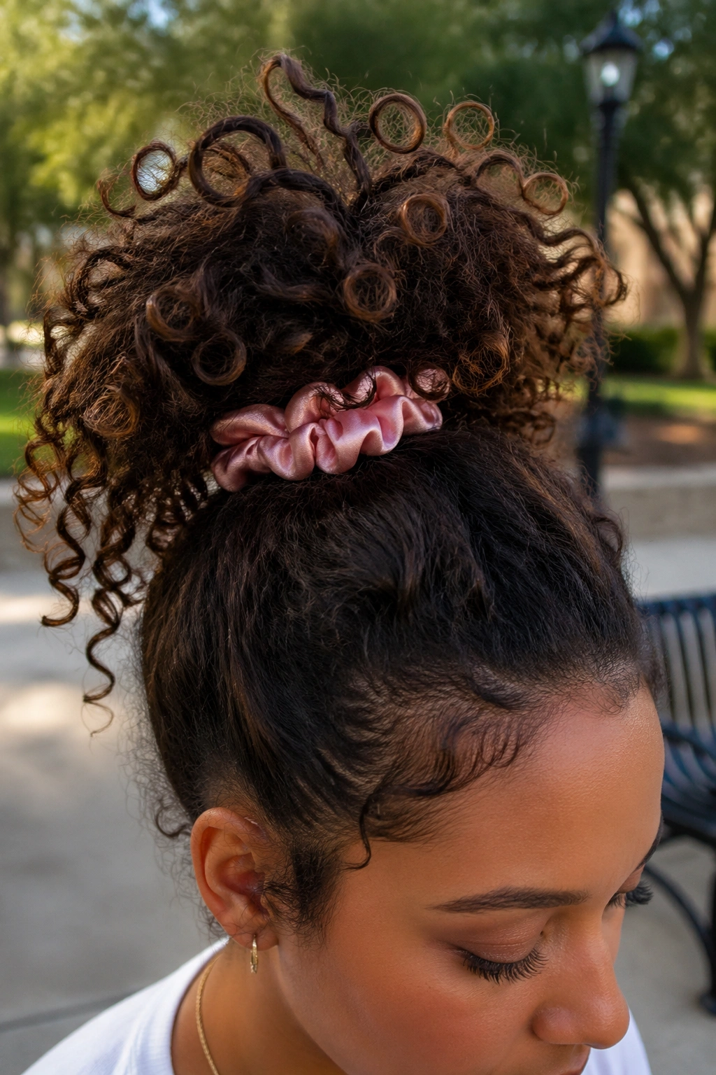 Close-up of a real woman with a pineapple ponytail and satin scrunchie