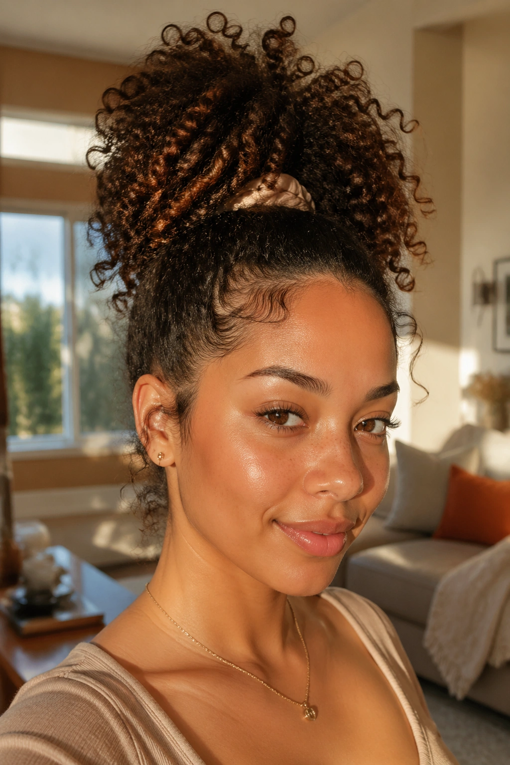 Close-up of a real woman with a high pineapple ponytail in warm light