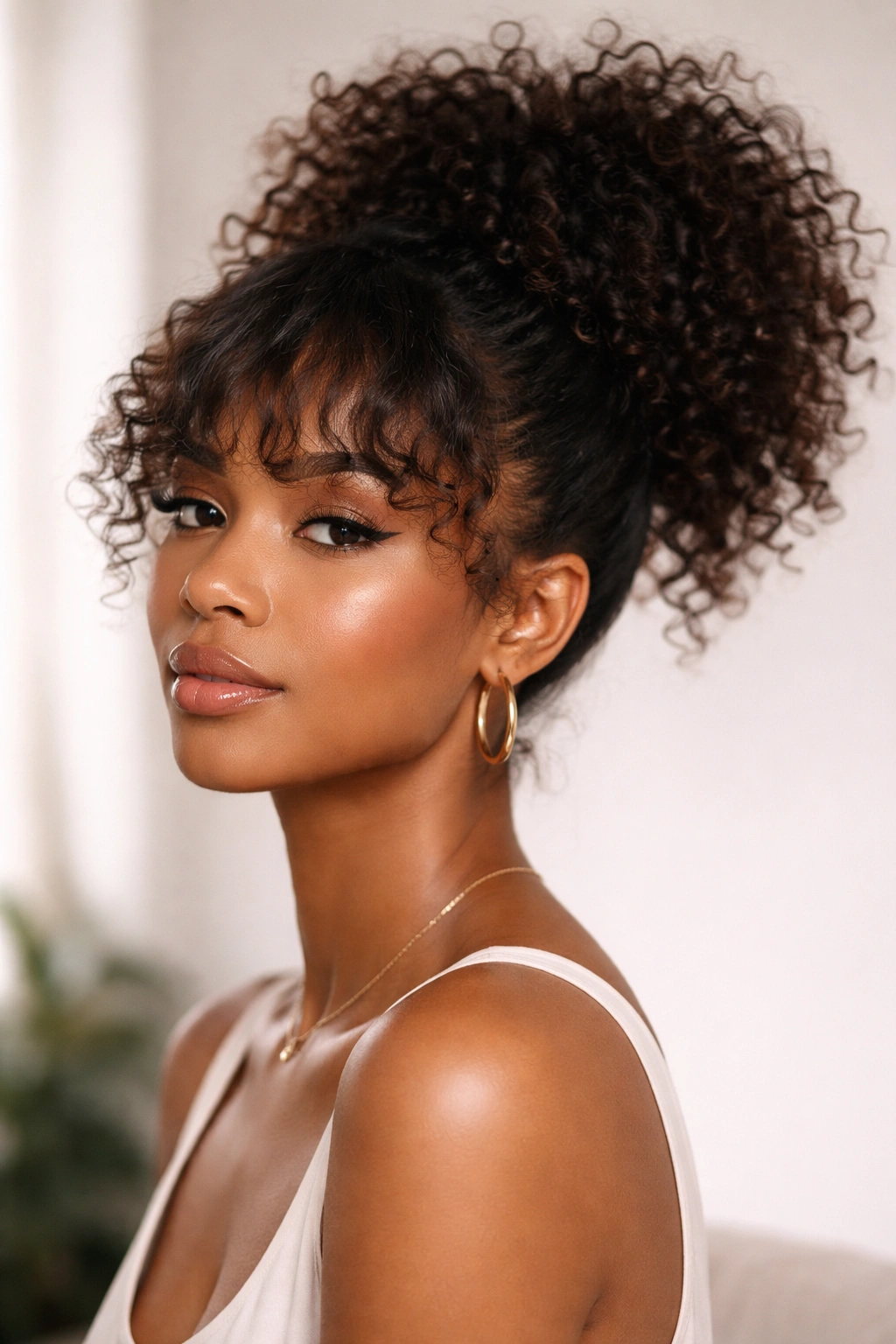 Pineapple ponytail with tapered bangs on natural curls