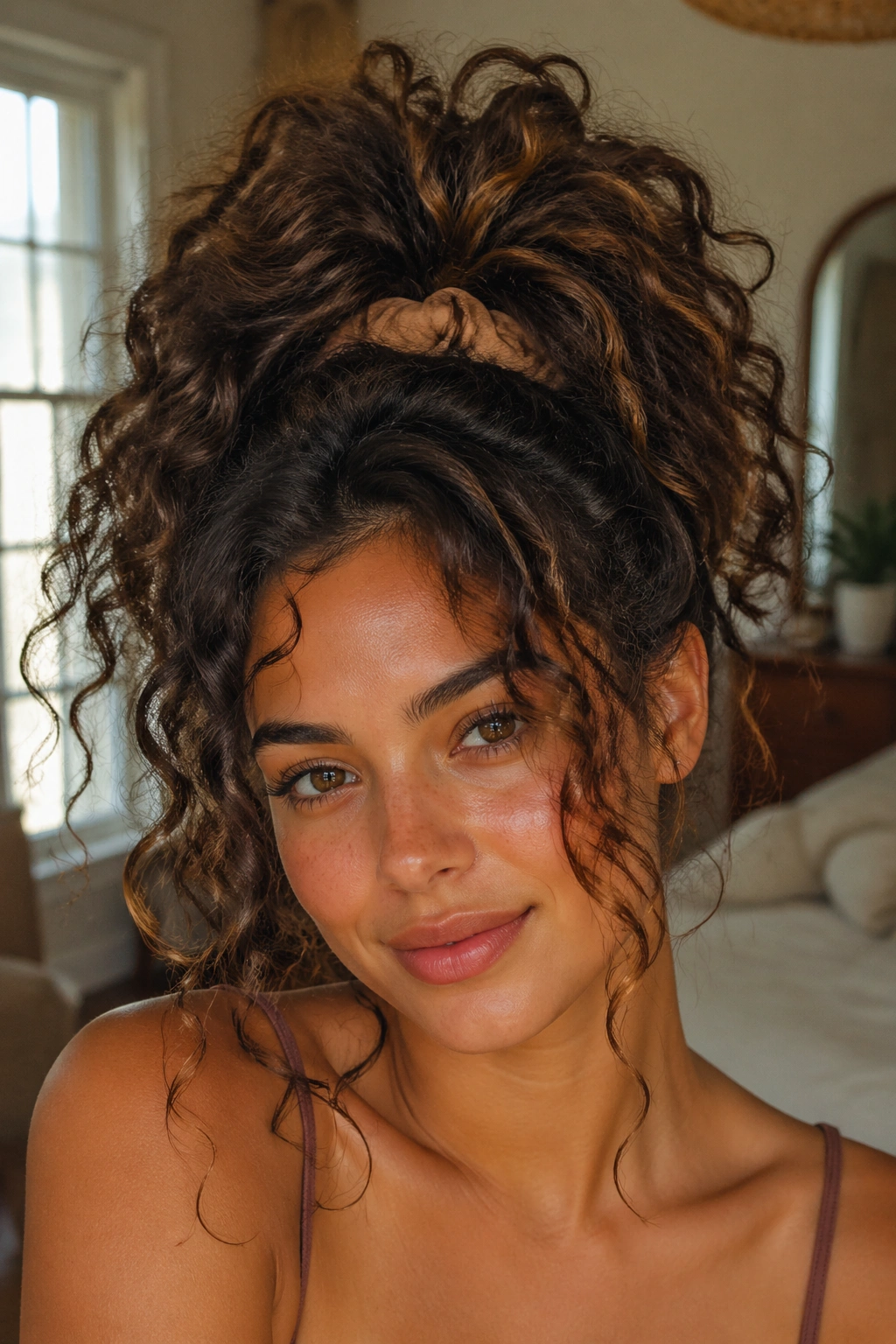 Close-up portrait of a real woman with a high pineapple ponytail and thick waves