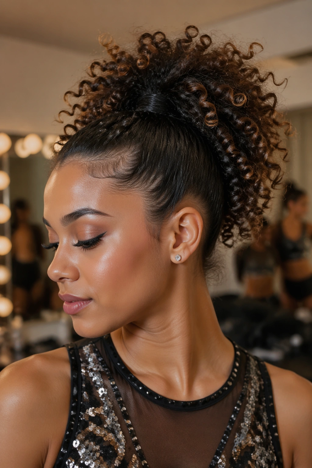 Close-up of a pineapple ponytail with wrapped base on a real dancer