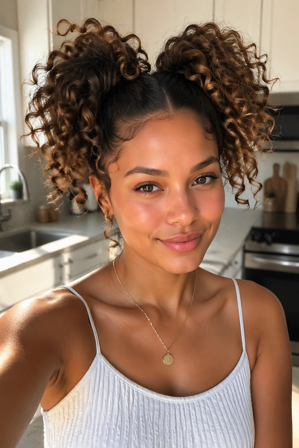 Close-up of a real woman with pineapple-inspired double ponytails