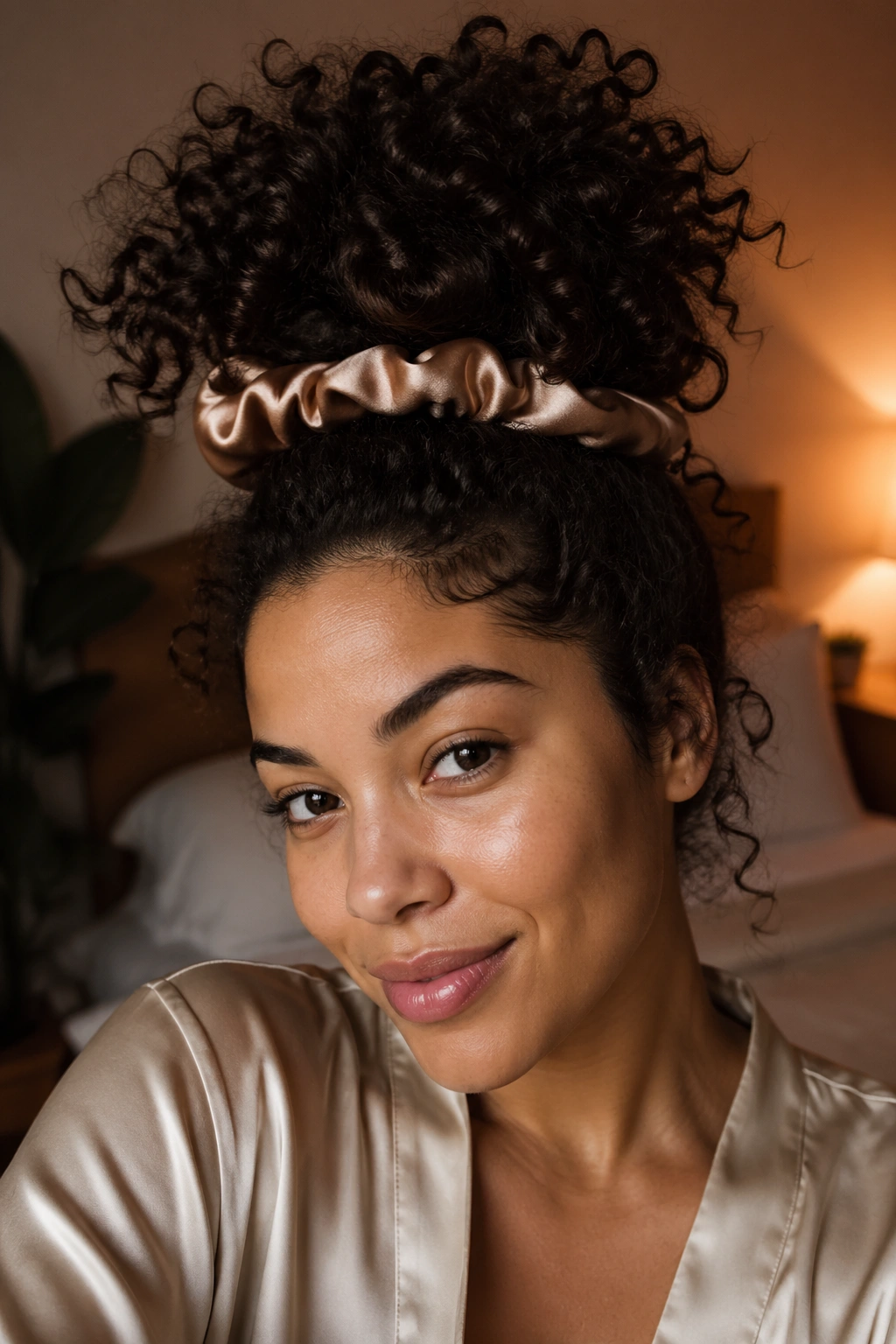 Close-up of a real person with a pineapple updo secured by a satin scrunchie