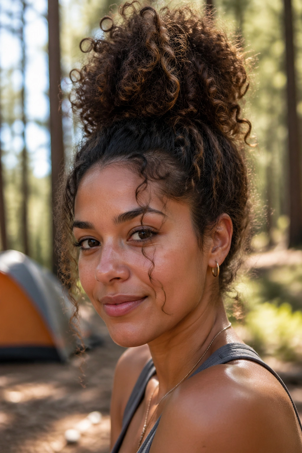 Close-up of a real person with a pineapple puff hairstyle at a forest campsite