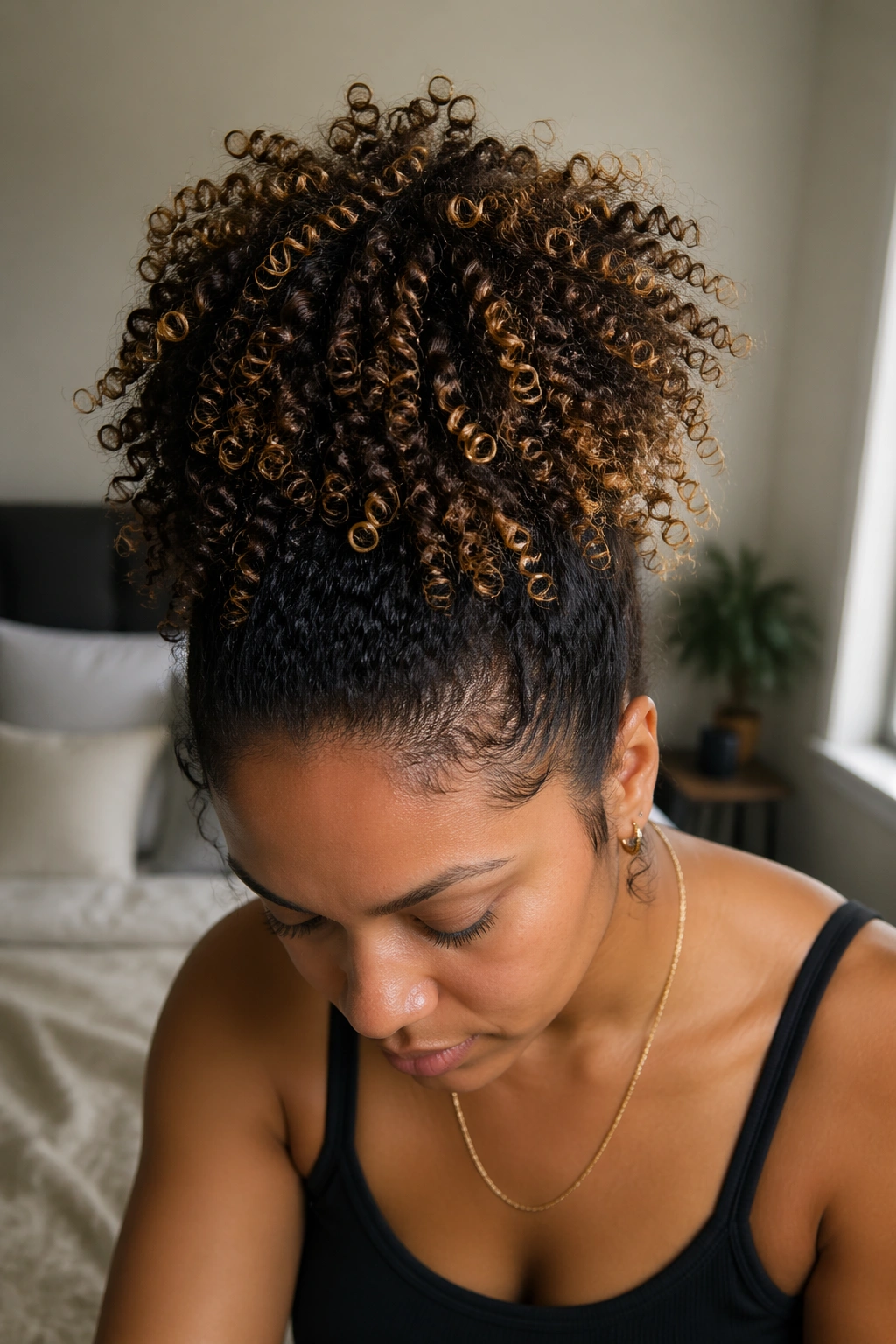 Close-up of woman with pineapple puff at crown