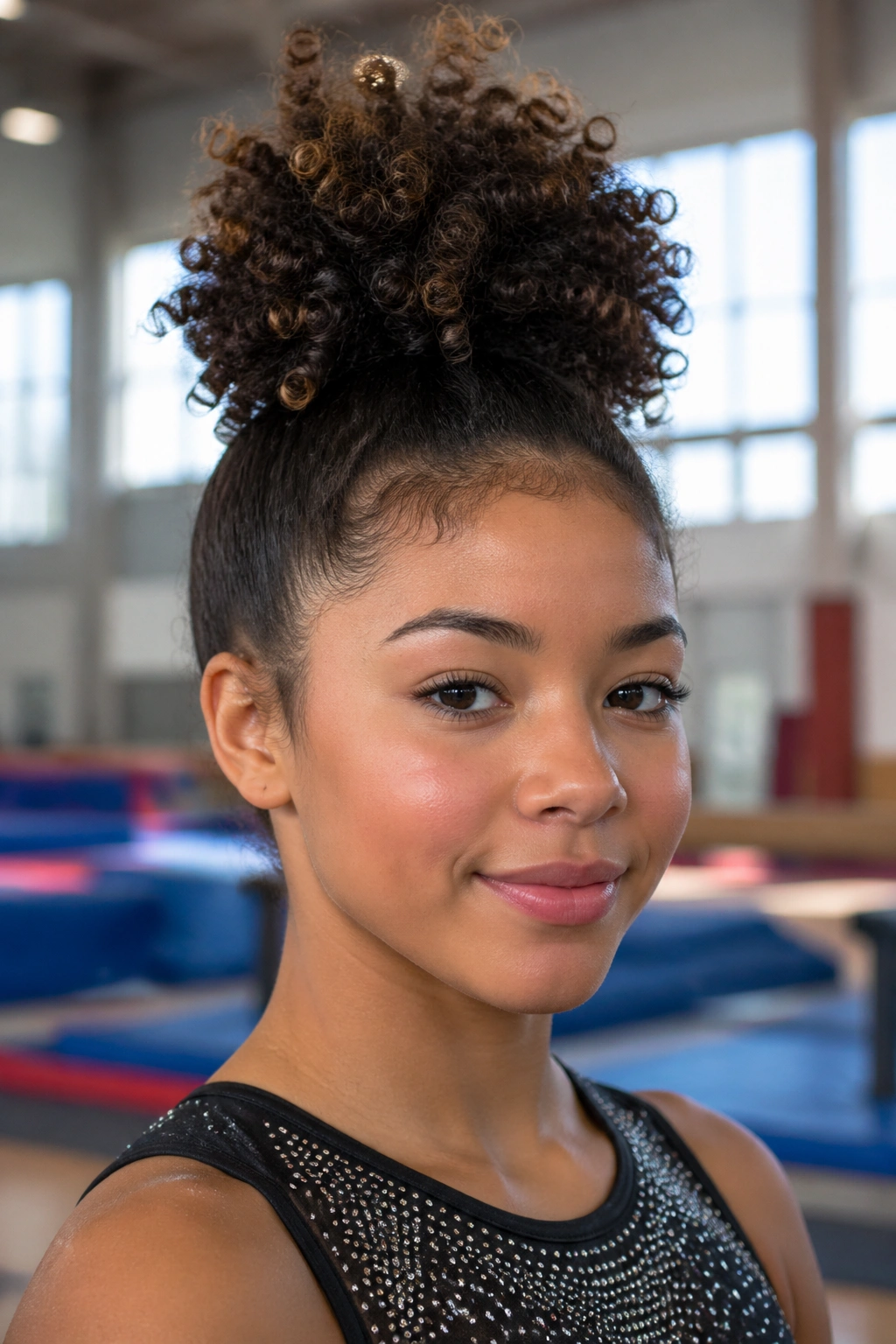 Close-up of a gymnast's high pineapple puff hairstyle