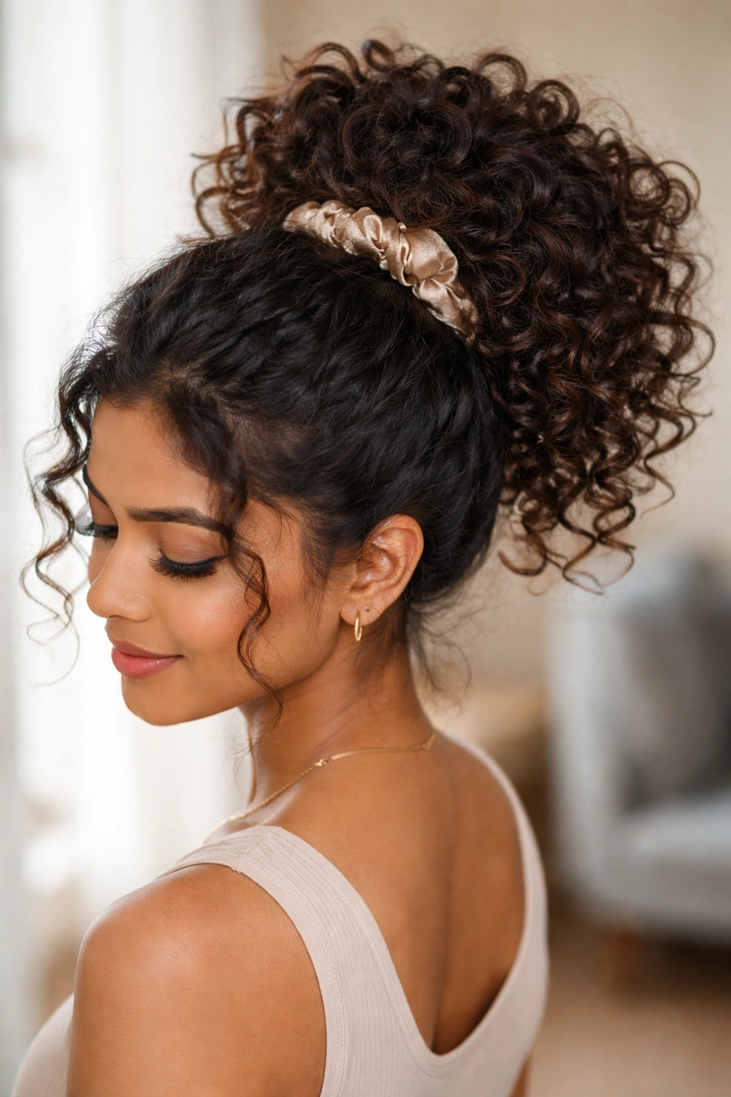 Pineapple puff hairstyle for second-day curls high on crown