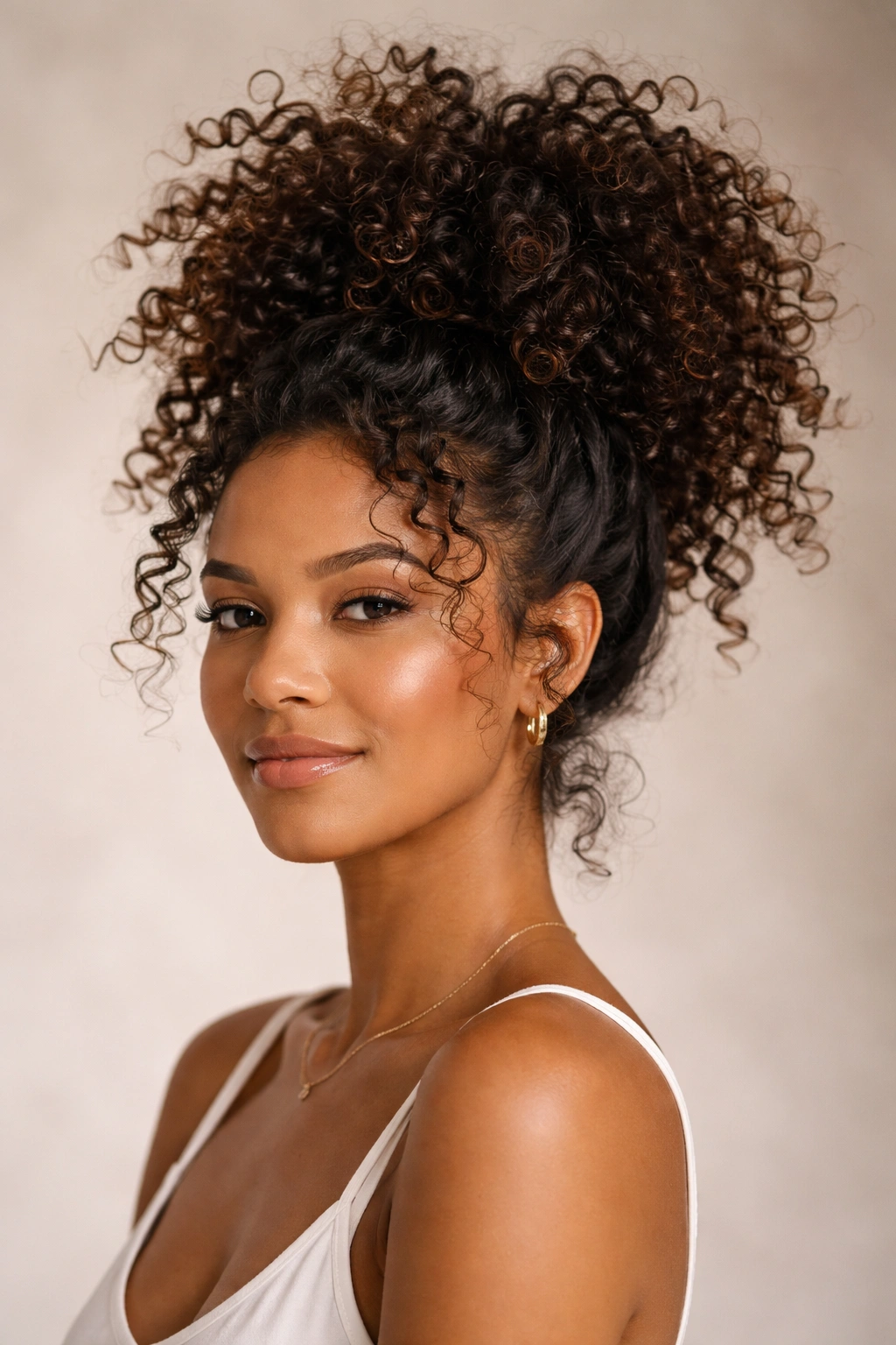 High pineapple puff hairstyle on thick curls, crown lift