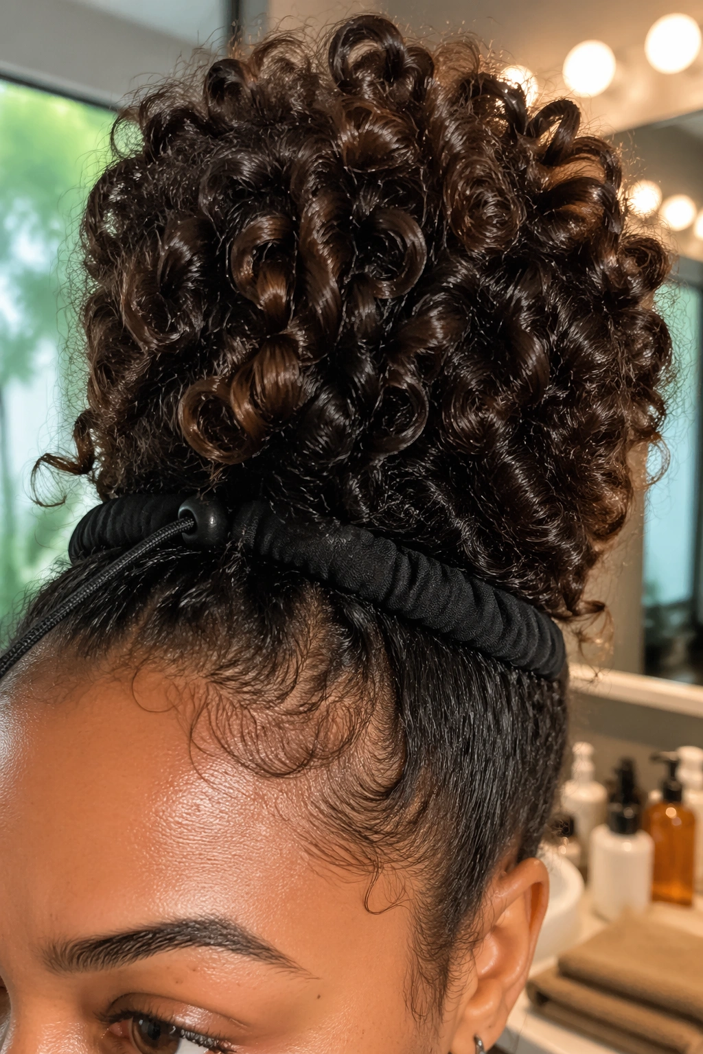 Close-up of Pineapple Puff with Drawstring Piece at hairline in a bathroom vanity.